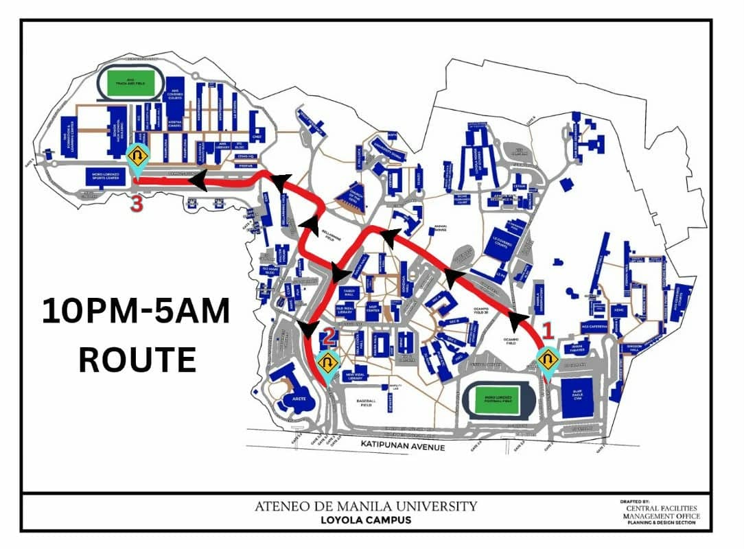 Curfew route (10 PM – 5 AM) with three numbered waypoints